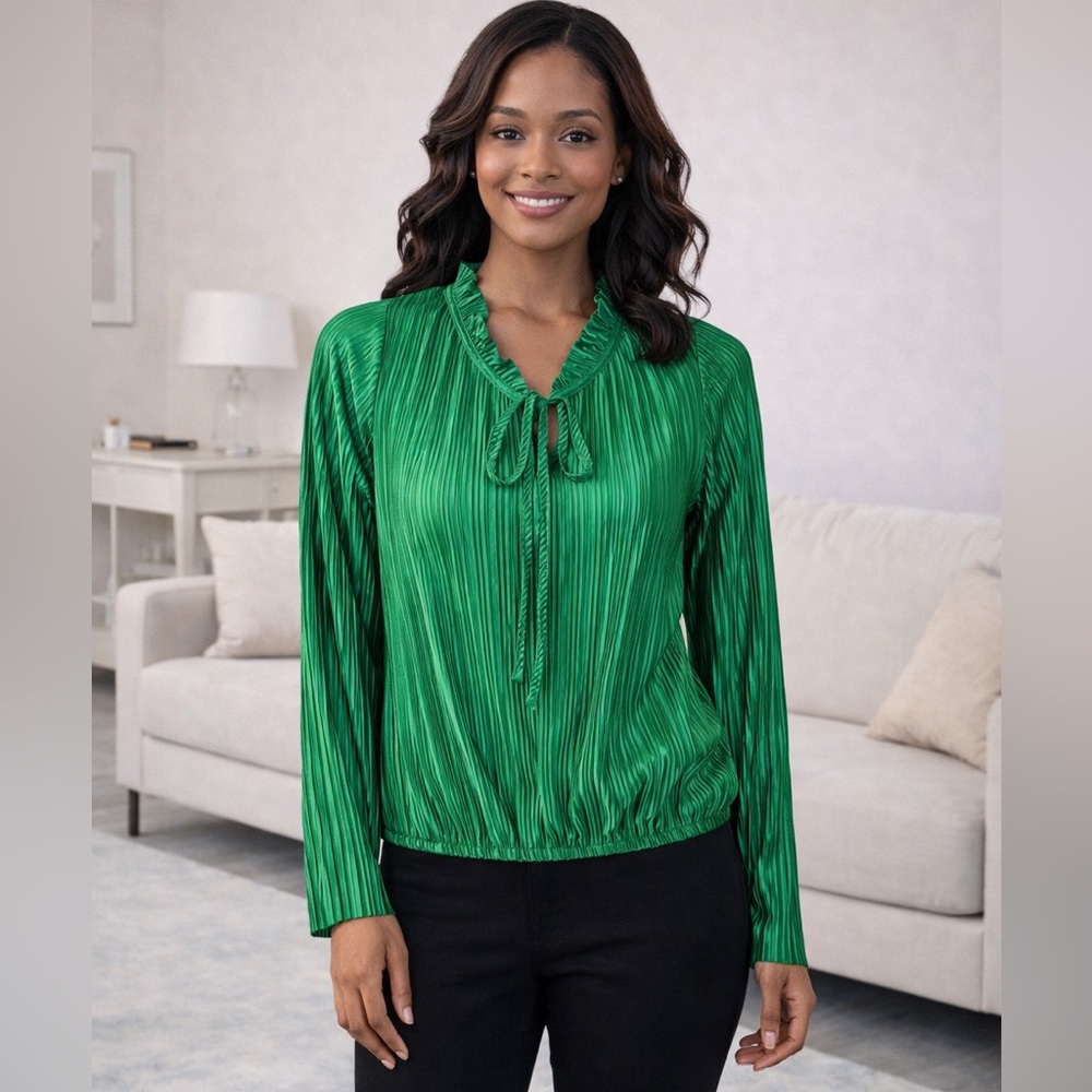 Philosophy jr Women Green Pleated Satin Fitted Blouse Long Sleeve Size Medium